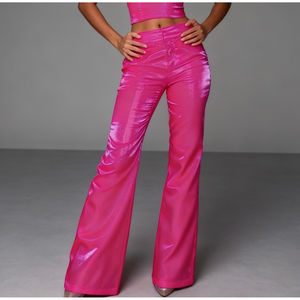 Mia Vesper Flare Pants Satin Vibrant Hot Liquid Pink Shimmer Bright Party size 2